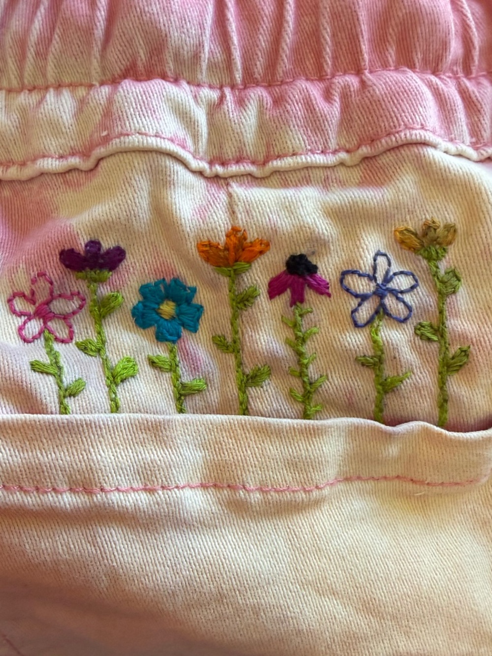 Hand-Embroidered Tie-Dye Shorts | Cottagecore Wildflower Pocket Design | XL